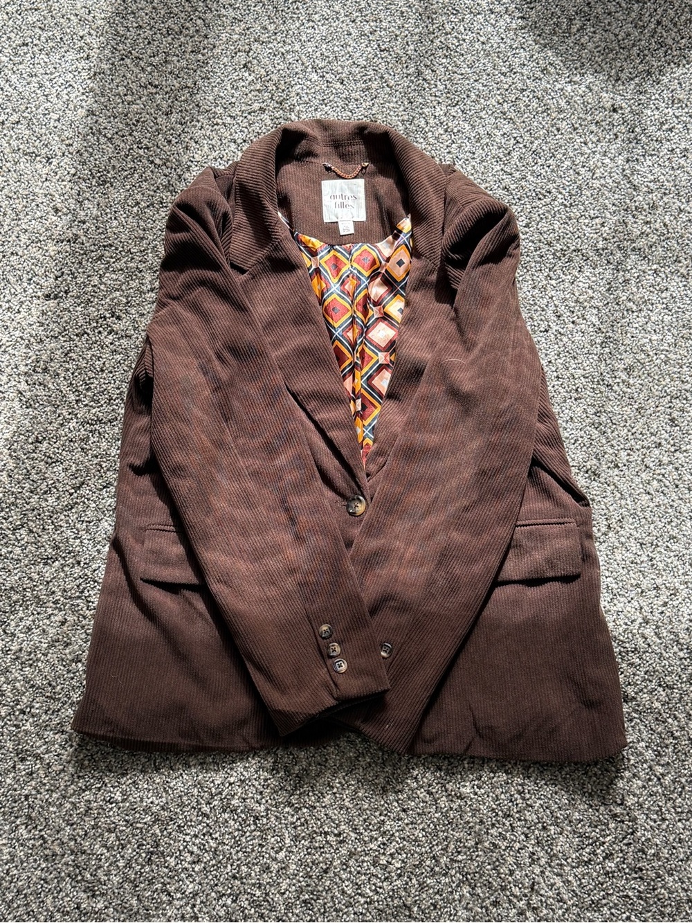 Autres Filles Brown Corduroy Blazer XL Regular Solid Single-Breasted One-Button